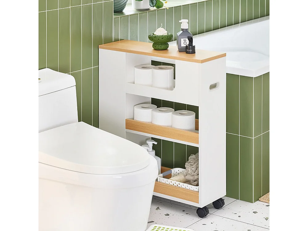 SoBuy Mueble de Baño con Ruedas para Papel Higiénico Blanco Natural