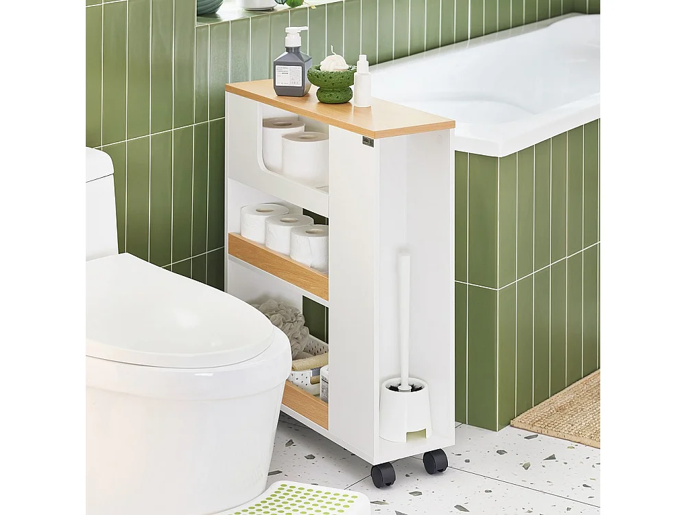 SoBuy Mueble de Baño con Ruedas para Papel Higiénico Blanco Natural