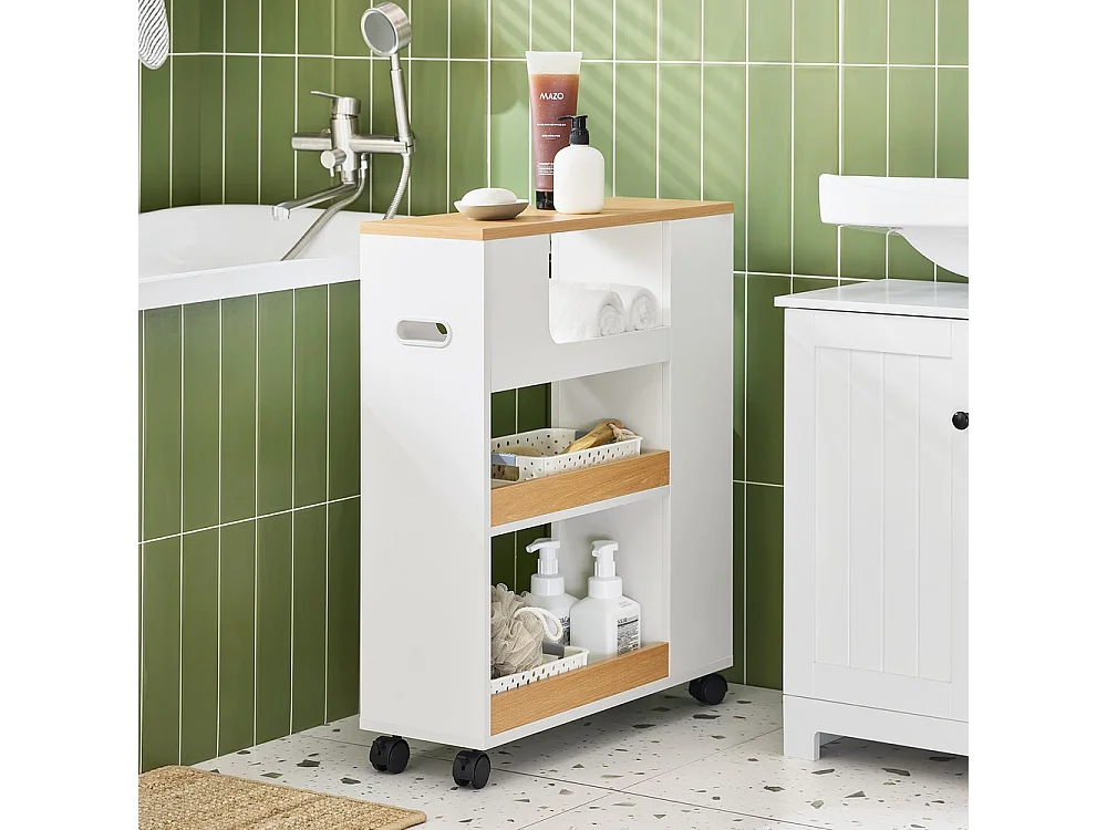 SoBuy Mueble de Baño con Ruedas para Papel Higiénico Blanco Natural