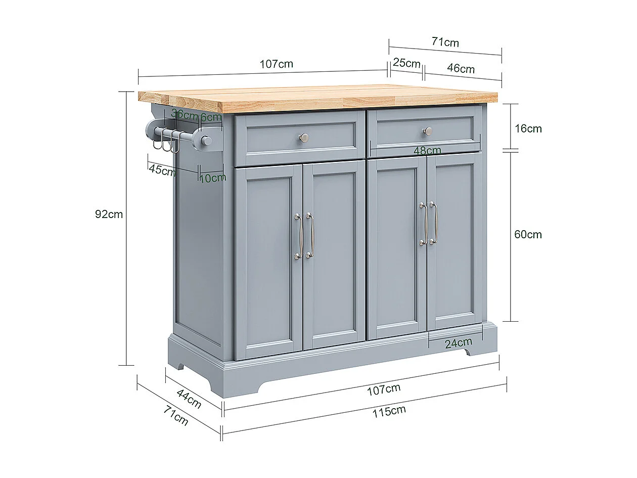 SoBuy Îlot de cuisine à deux tiroirs 115x71x92.5cm Fonctionnel FKW71-II-HG