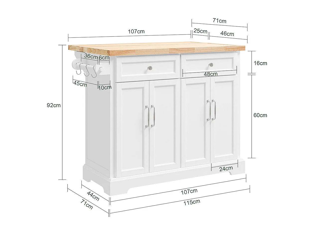SoBuy Isla de Cocina con Dos Cajones Blanco 115x71x92.5cm Vintage FKW71-II-NW