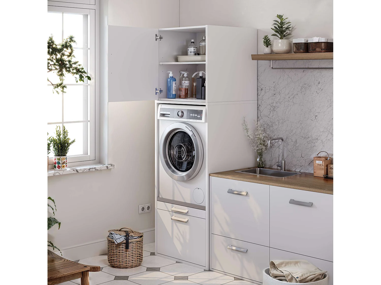 Meuble armoire pour machine à laver avec meuble haut T-BATH 67,2x208cm blanc