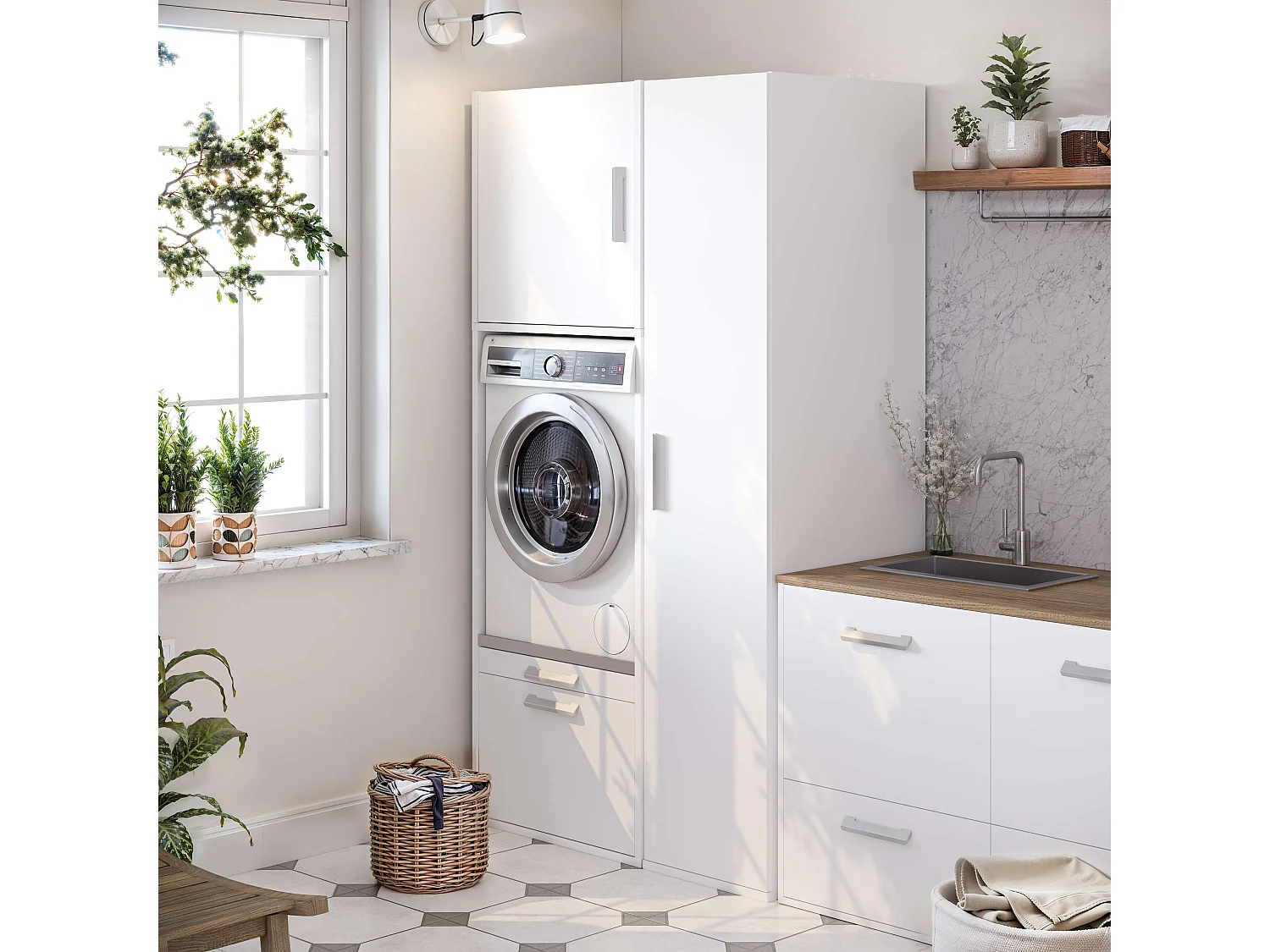 Ensemble de rangements avec meuble armoire pour machine à laver T-BATH 110,7x208cm blanc
