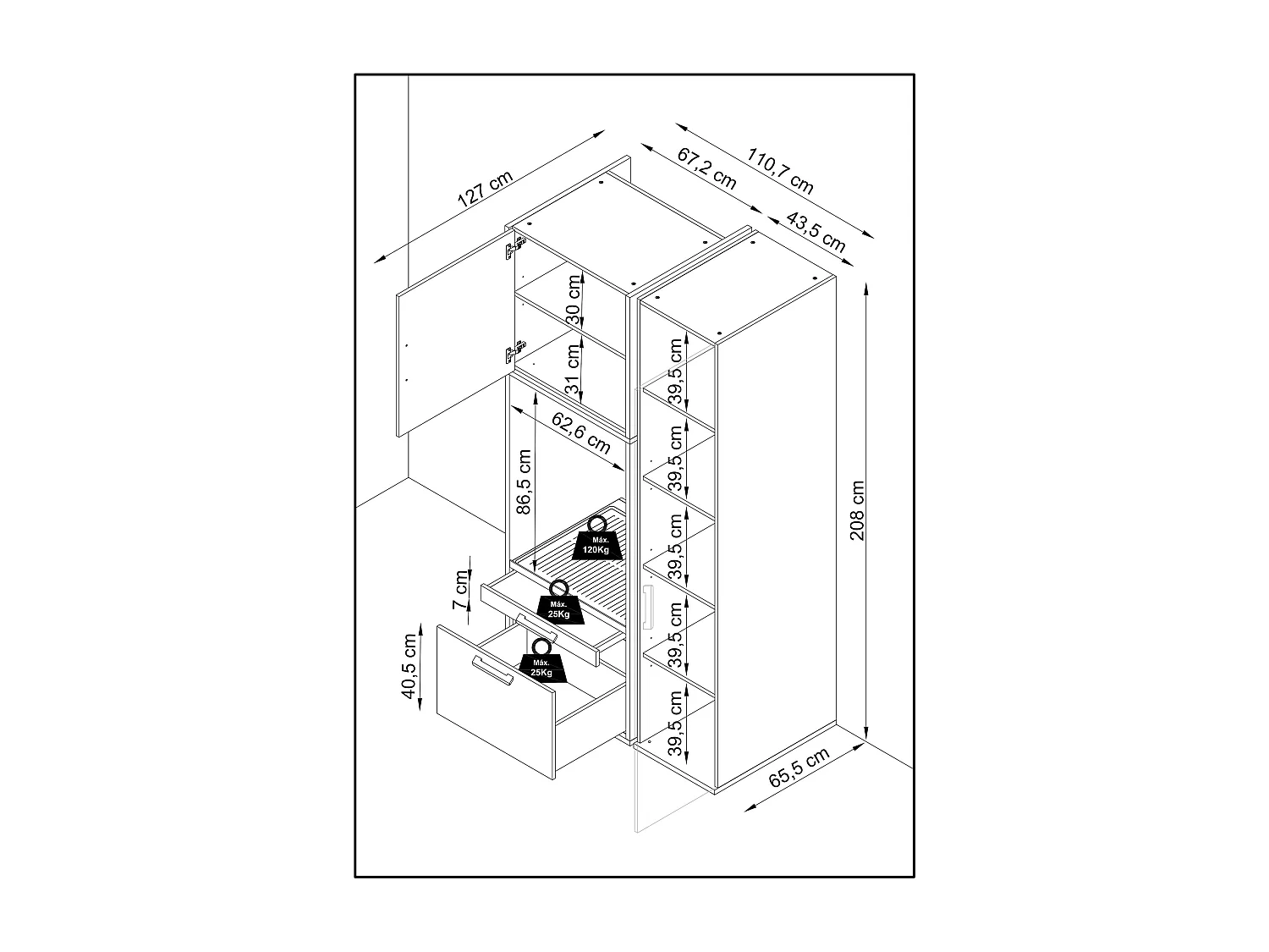 Ensemble de rangements avec meuble armoire pour machine à laver T-BATH 110,7x208cm blanc