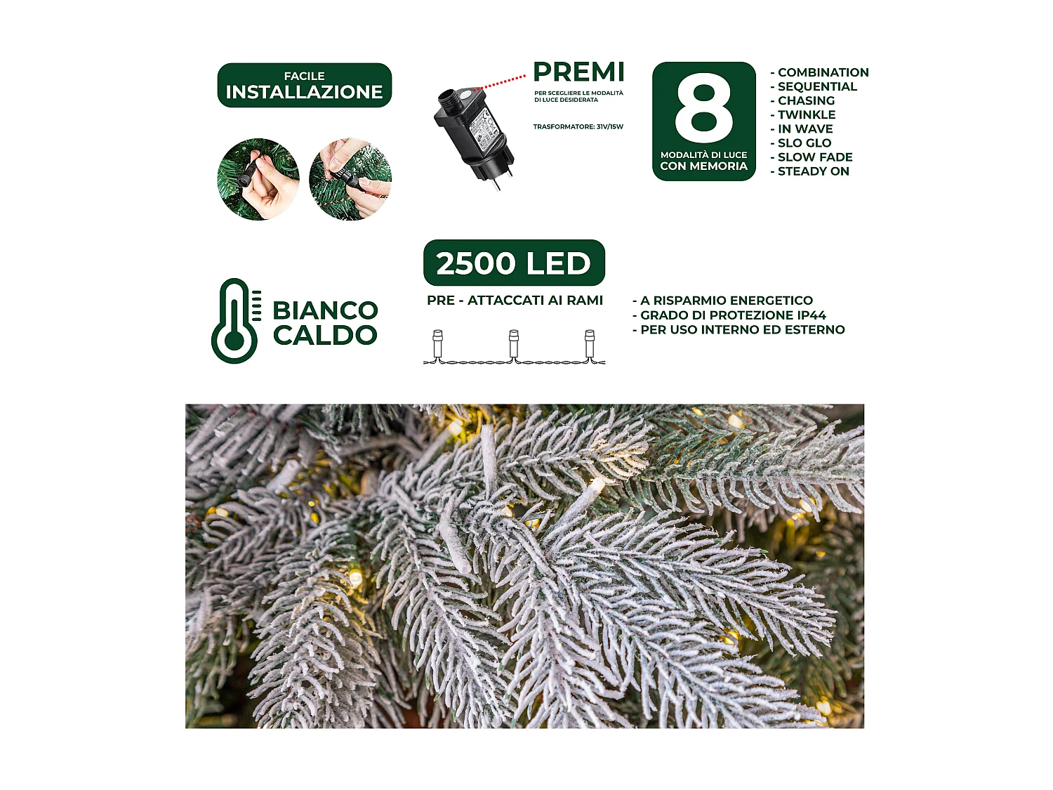Albero di Natale Pino Verde Innevato Le Stelle St. Moritz H 210cm x L 150cm Super Folto Effetto Real-Touch con 2500 Luci Led Incorporate 2354 Rami