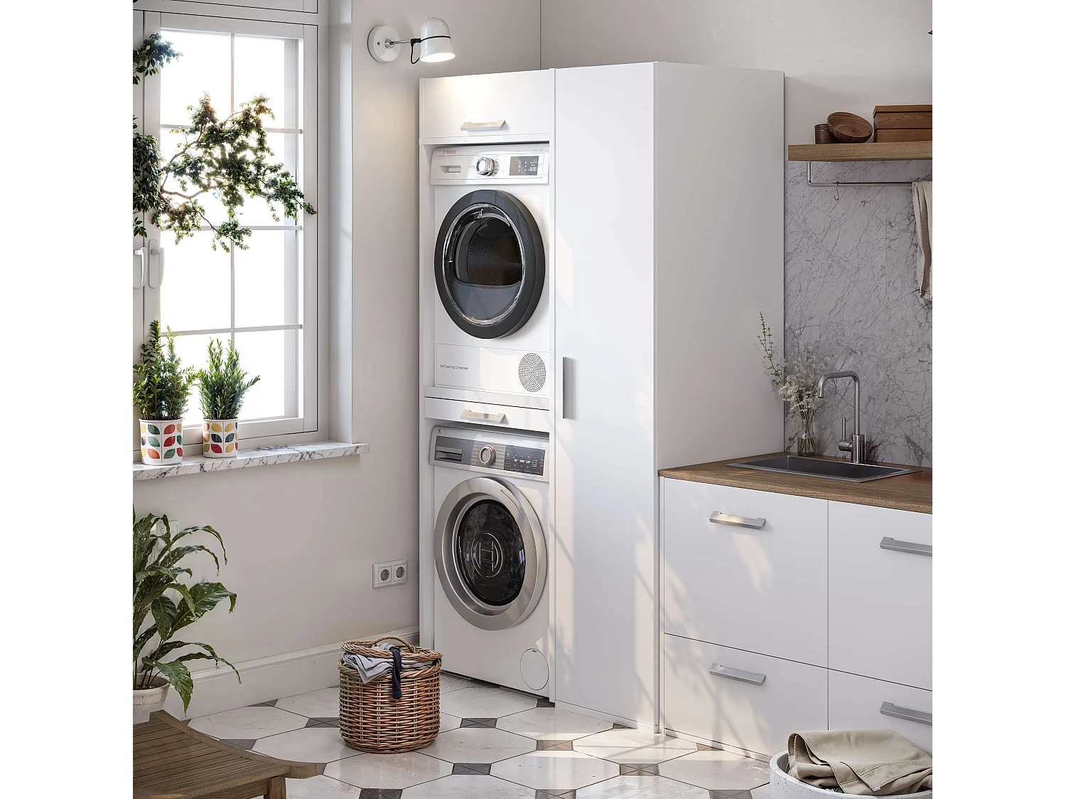 Ensemble de rangements avec armoire colonne de lavage T-BATH 110,7x208cm blanc
