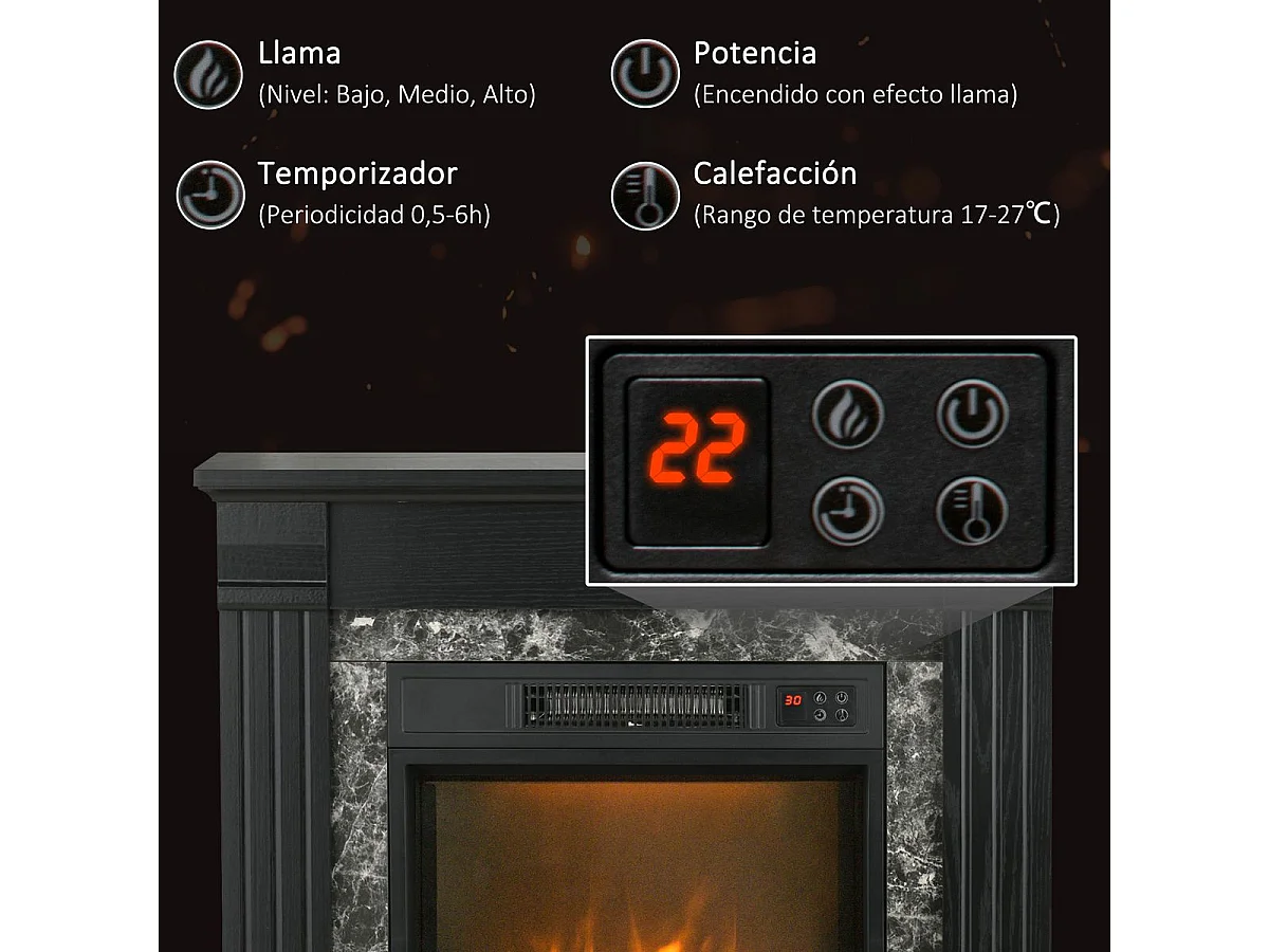 Chimenea eléctrica Homcom 1800W llama 3D negro 67,8x80x21,6 cm