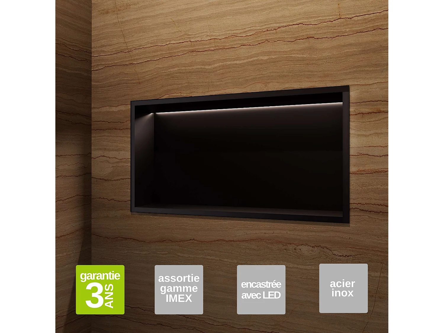 Niche de Douche Mural Éclairage Led 63 x 33 cm - Rangement Salle de Bain en finition Noir Mat - OCEANIC