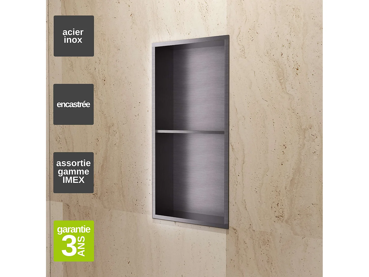 Niche de Douche Mural 33 x 63 cm - Rangement Salle de Bain en finition Noir Métal - ARTIC