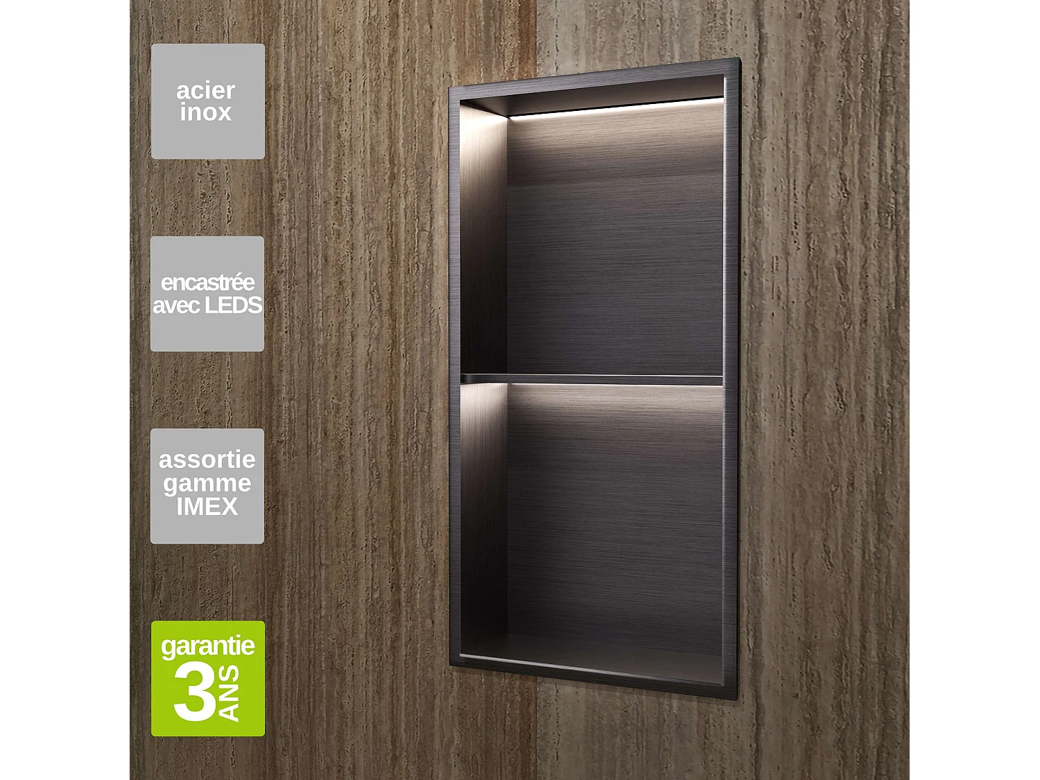 Niche de Douche Mural Éclairage Led 33 x 63 cm - Rangement Salle de Bain en finition Noir Métal - MARSHALL