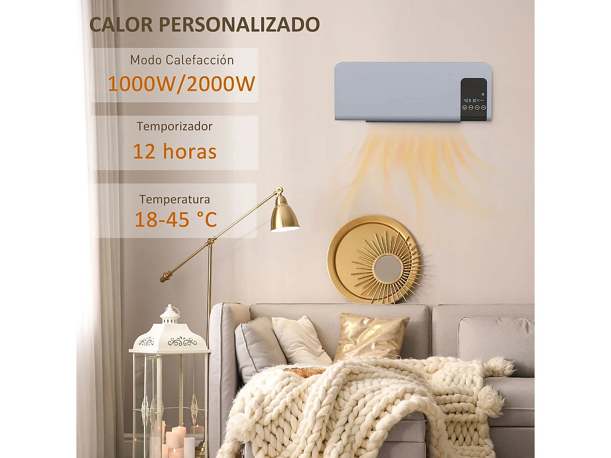 Calefactor de pared Homcom 2000W con pantalla LED gris 21,5x54,5x12 cm