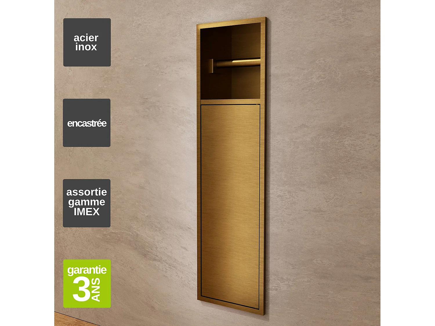 Niche de WC 17 x 60 cm - Rangement Mural Encastrable en finition Or Brossé - EGEAN