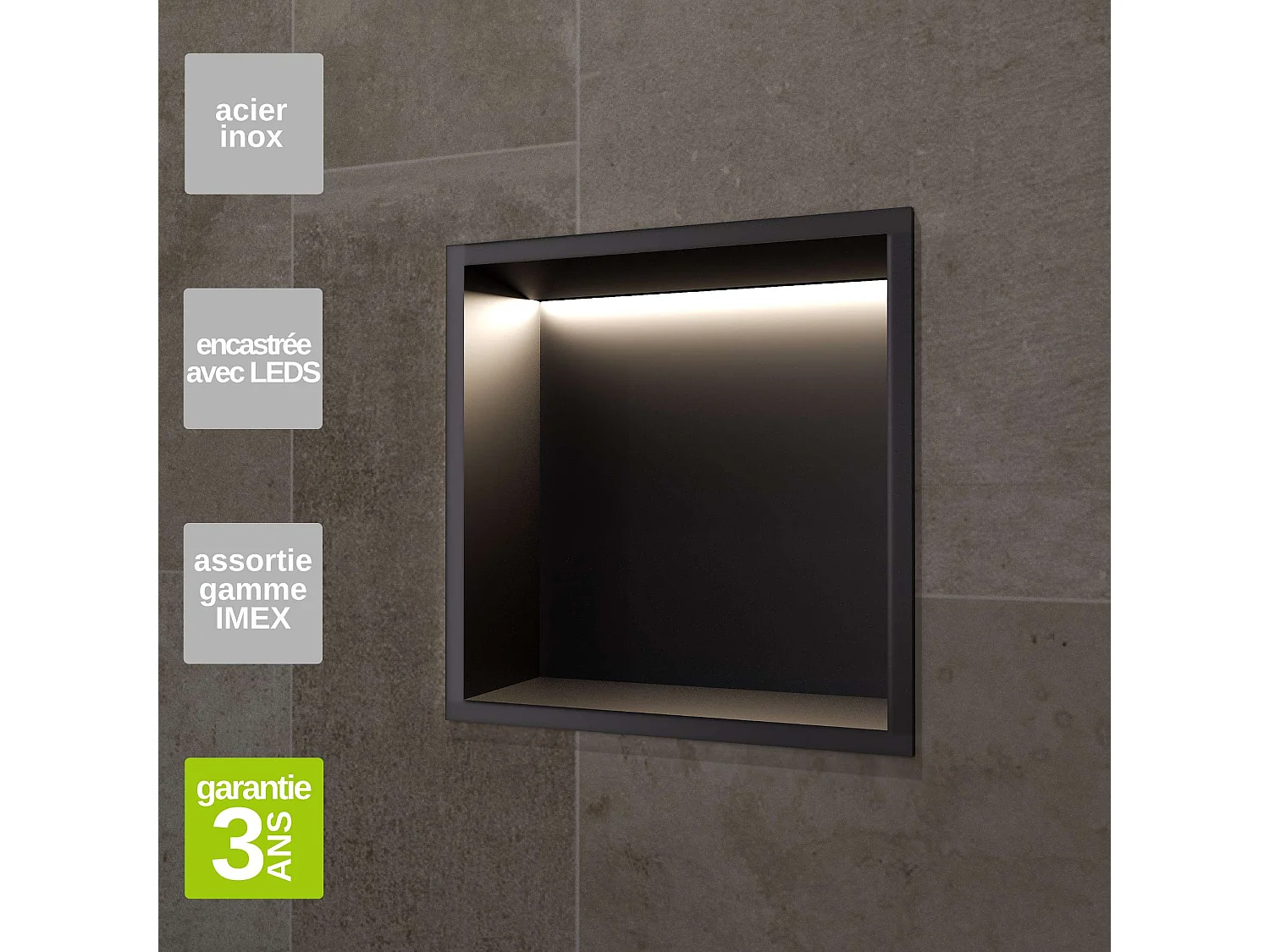 Niche de Douche Mural Éclairage Led 33 x 33 cm - Rangement Salle de Bain en finition Noir Mat - INDIC