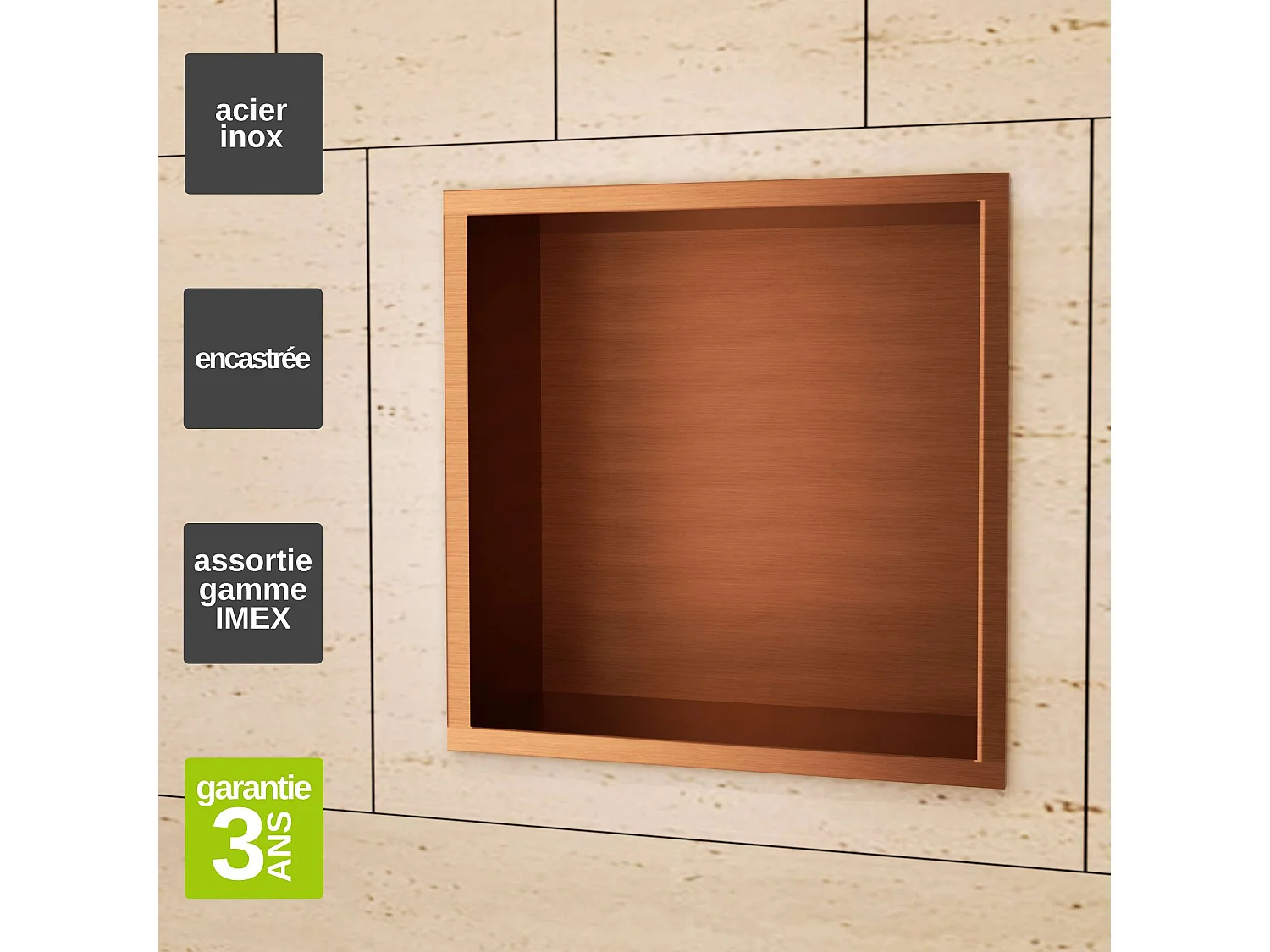 Niche de Douche Mural 33 x 33 cm - Rangement Salle de Bain en finition Cuivré - ATLANTIC