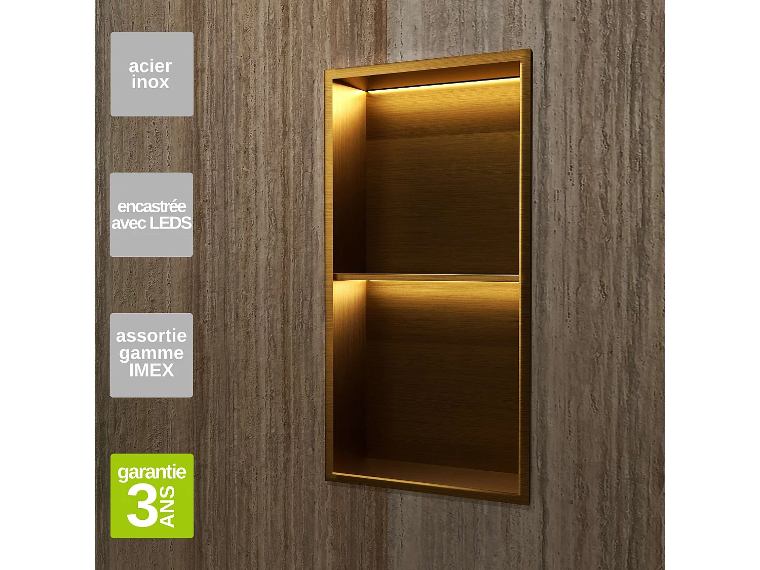 Niche de Douche Mural Éclairage Led 33 x 63 cm - Rangement Salle de Bain en finition Or Brossé - MARSHALL