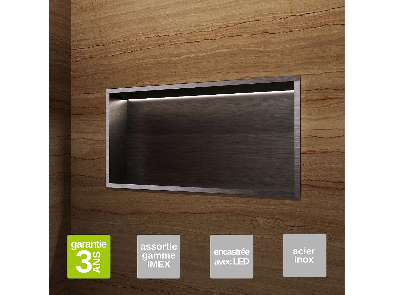 Niche de Douche Mural Éclairage Led 63 x 33 cm - Rangement Salle de Bain en finition Noir Métal - OCEANIC