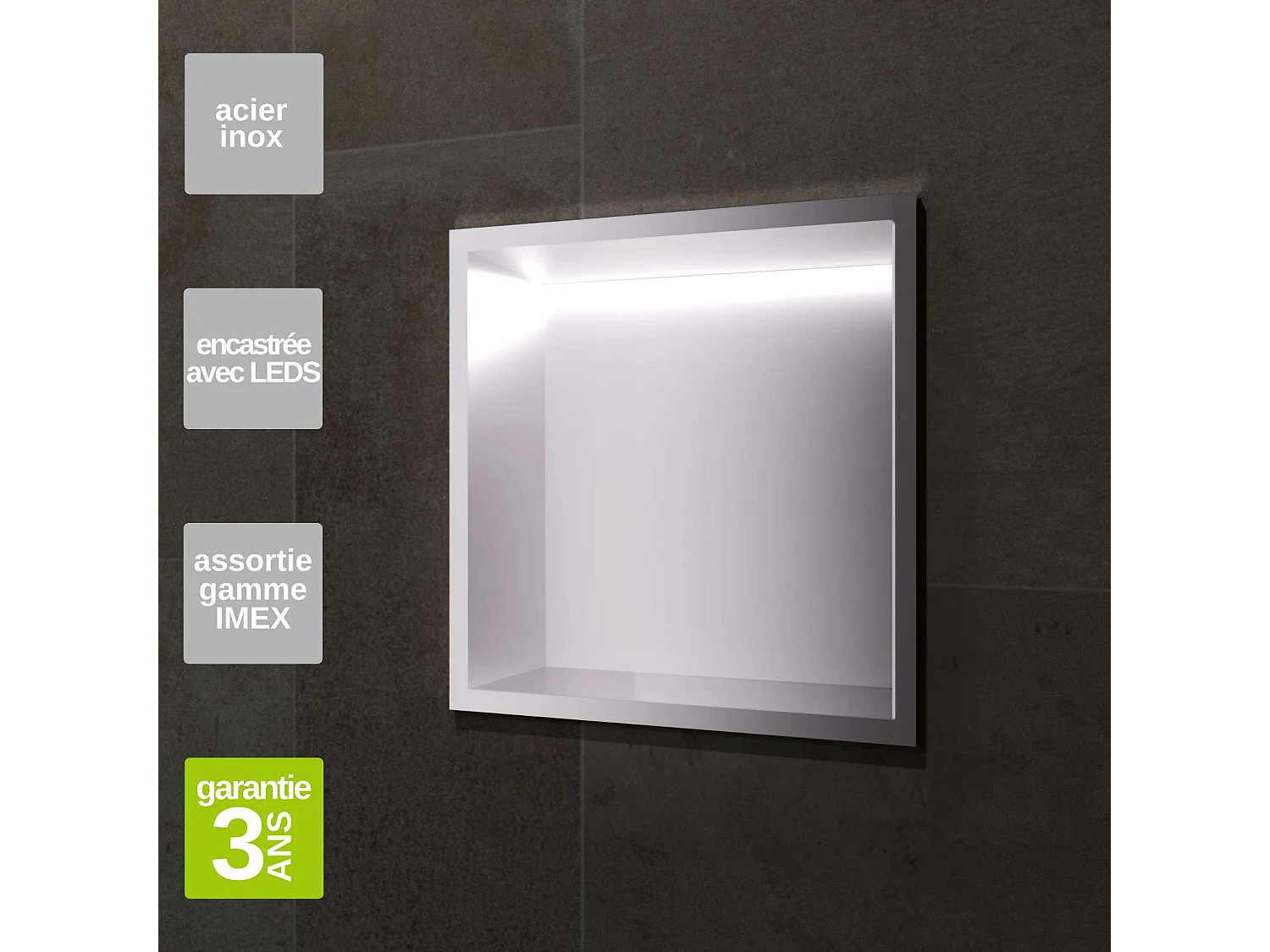 Niche de Douche Mural Éclairage Led 33 x 33 cm - Rangement Salle de Bain en finition Niquel Brossé - INDIC