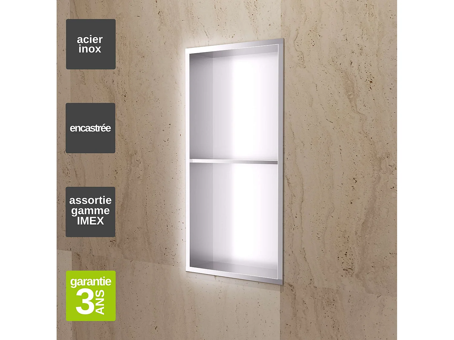 Niche de Douche Mural 33 x 63 cm - Rangement Salle de Bain en finition Niquel Brossé - ARTIC