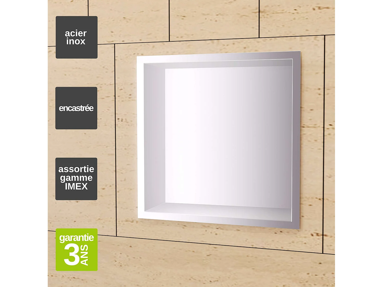 Niche de Douche Mural 33 x 33 cm - Rangement Salle de Bain en finition Niquel Brossé - ATLANTIC