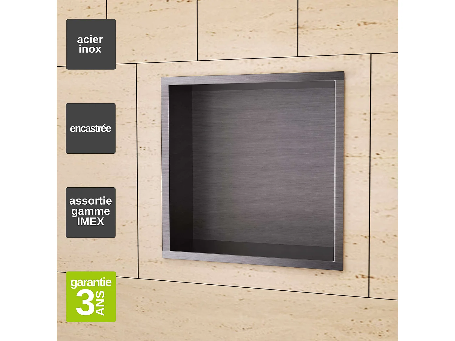 Niche de Douche Mural 33 x 33 cm - Rangement Salle de Bain en finition Noir Métal - ATLANTIC