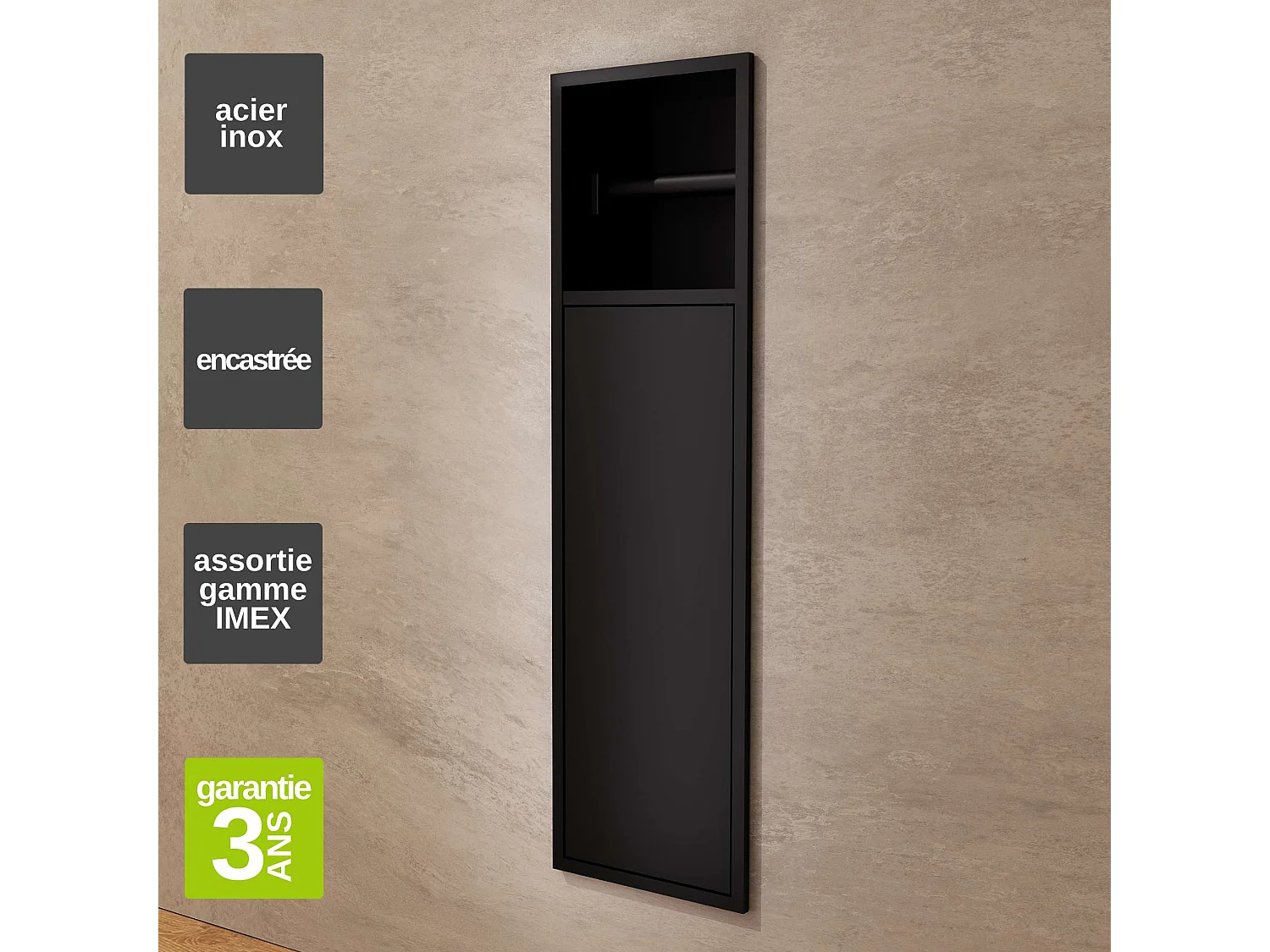 Niche de WC 17 x 60 cm - Rangement Mural Encastrable en finition Noir Mat - EGEAN