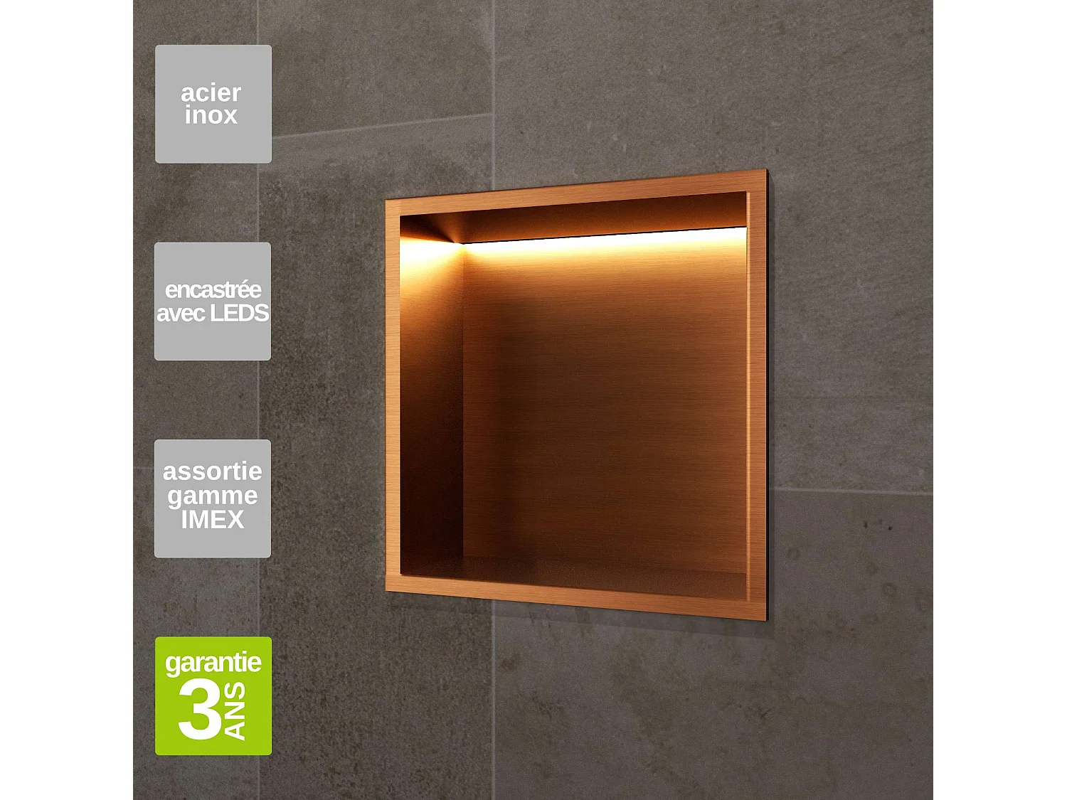 Niche de Douche Mural Éclairage Led 33 x 33 cm - Rangement Salle de Bain en finition Cuivré - INDIC