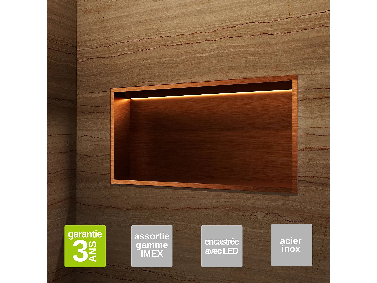 Niche de Douche Mural Éclairage Led 63 x 33 cm - Rangement Salle de Bain en finition Cuivré - OCEANIC