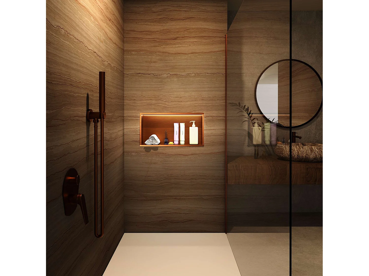 Niche de Douche Mural Éclairage Led 63 x 33 cm - Rangement Salle de Bain en finition Cuivré - OCEANIC