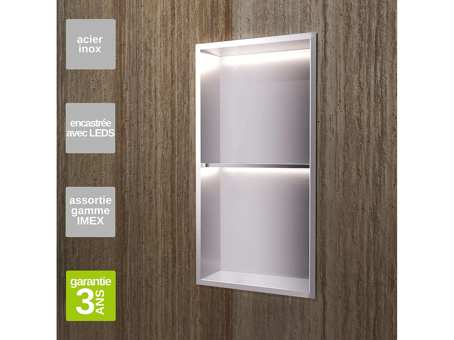 Niche de Douche Mural Éclairage Led 33 x 63 cm - Rangement Salle de Bain en finition Niquel Brossé - MARSHALL