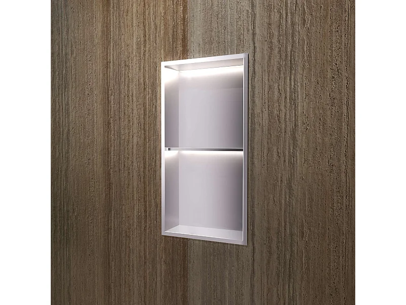 Niche de Douche Mural Éclairage Led 33 x 63 cm - Rangement Salle de Bain en finition Niquel Brossé - MARSHALL