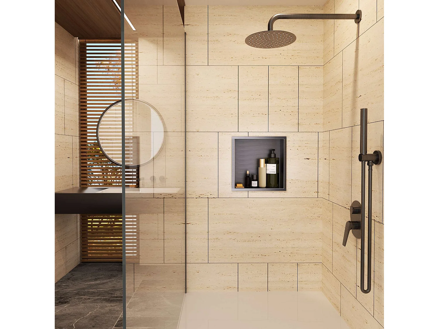 Niche de Douche Mural 33 x 33 cm - Rangement Salle de Bain en finition Or Brossé - ATLANTIC