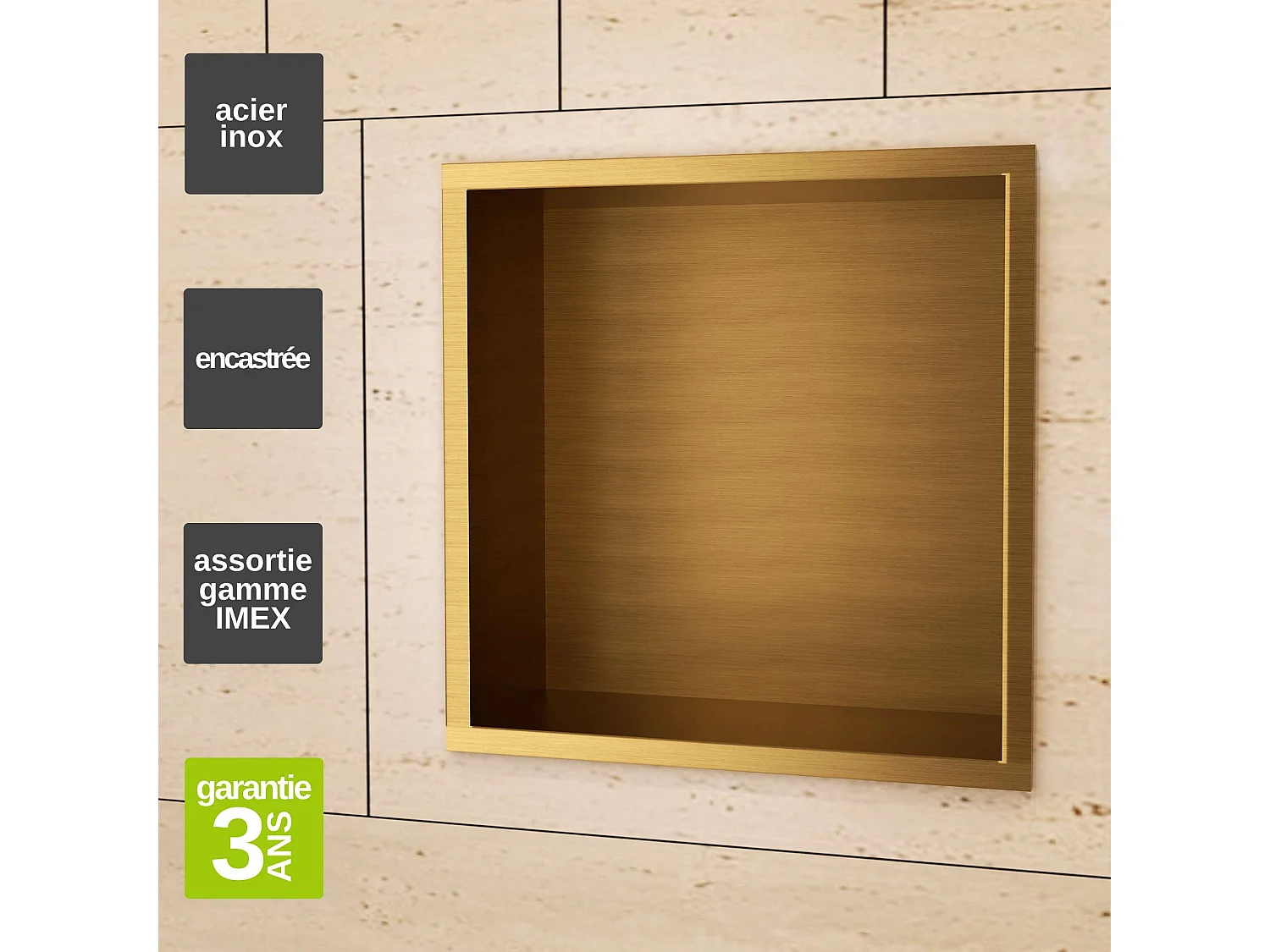 Niche de Douche Mural 33 x 33 cm - Rangement Salle de Bain en finition Or Brossé - ATLANTIC