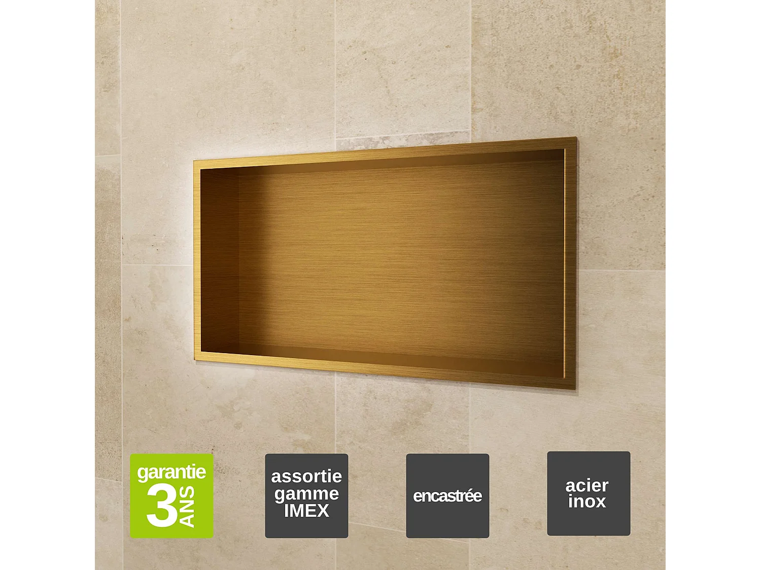 Niche de Douche Mural 63 x 33 cm - Rangement Salle de Bain en finition Or Brossé - PACIFIC