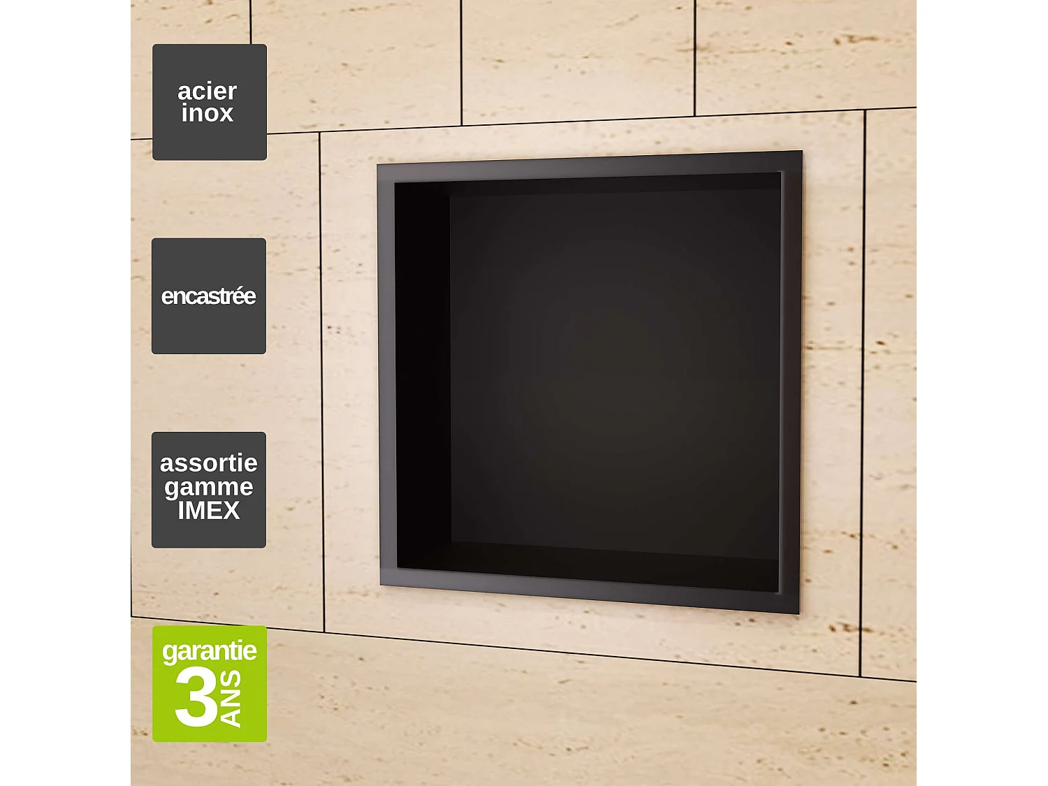 Niche de Douche Mural 33 x 33 cm - Rangement Salle de Bain en finition Noir Mat - ATLANTIC