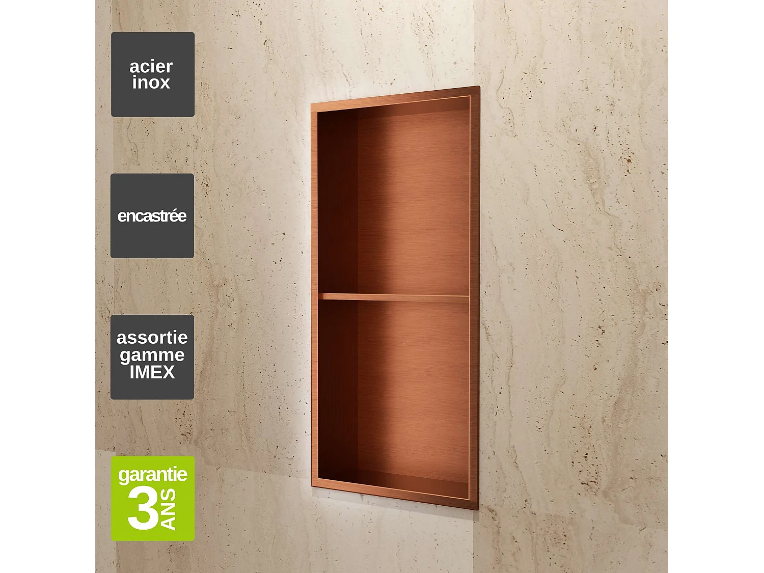 Niche de Douche Mural 33 x 63 cm - Rangement Salle de Bain en finition Cuivré - ARTIC