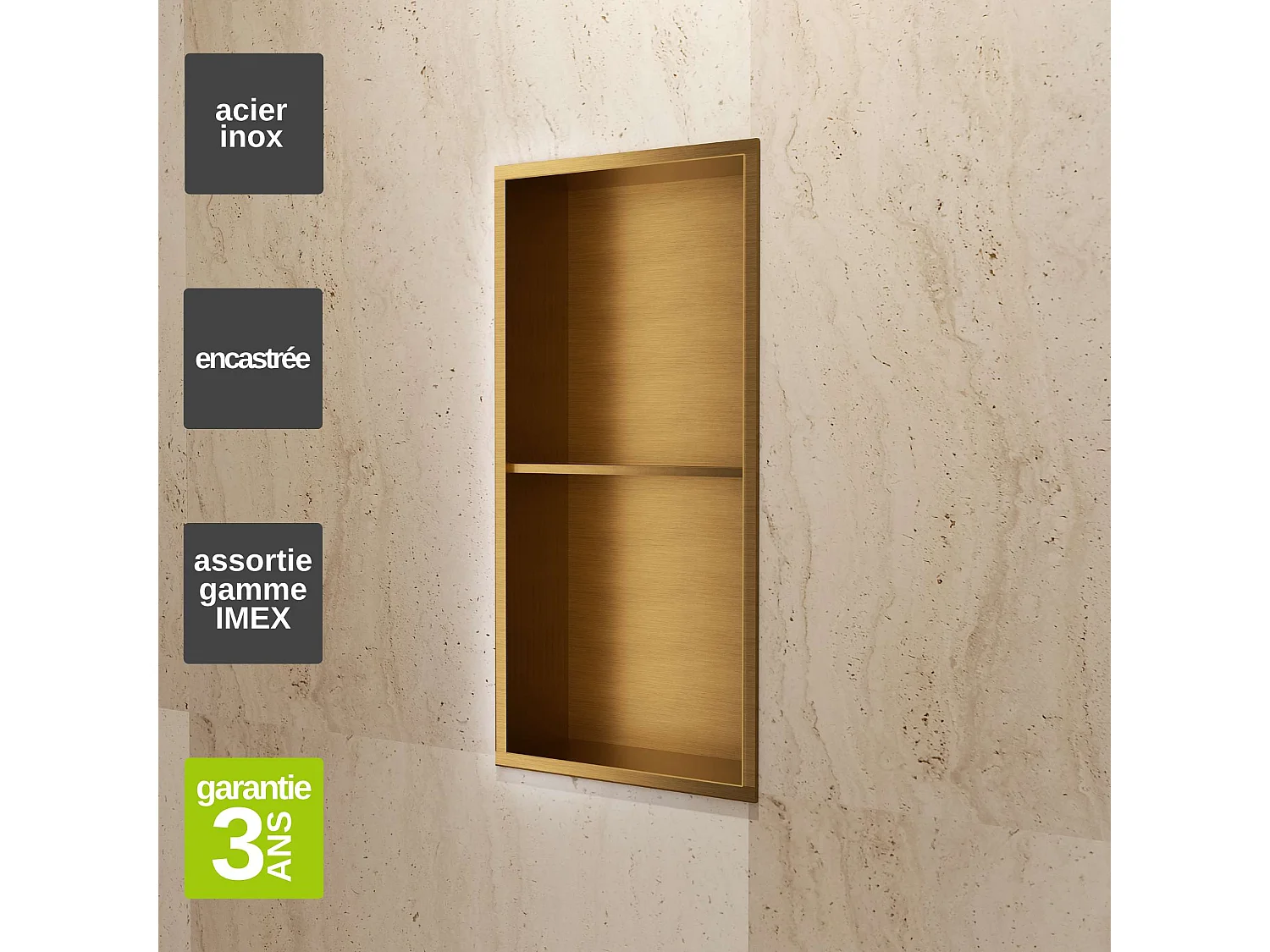 Niche de Douche Mural 33 x 63 cm - Rangement Salle de Bain en finition Or Brossé - ARTIC