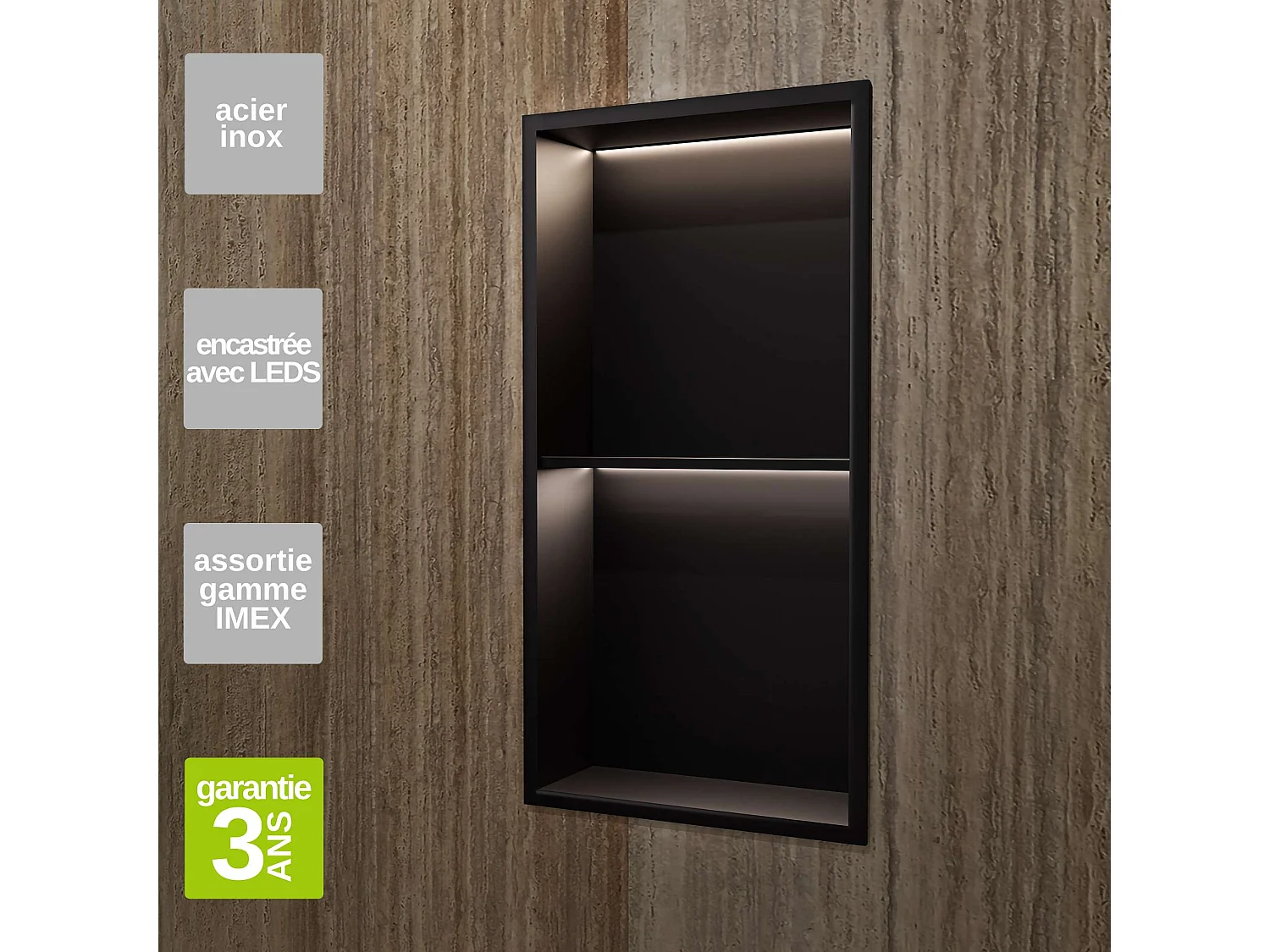 Niche de Douche Mural Éclairage Led 33 x 63 cm - Rangement Salle de Bain en finition Noir Mat - MARSHALL