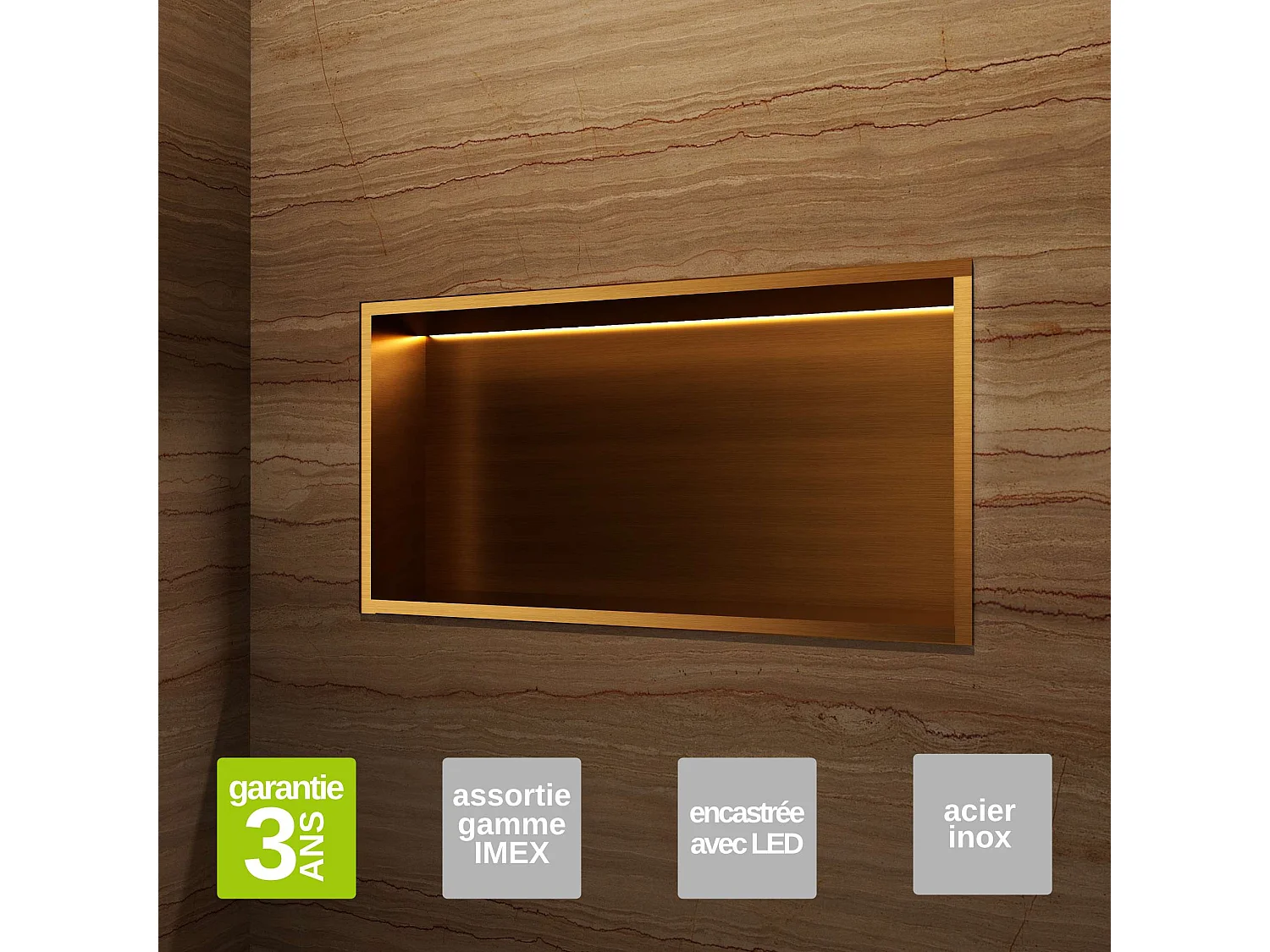 Niche de Douche Mural Éclairage Led 63 x 33 cm - Rangement Salle de Bain en finition Or Brossé - OCEANIC