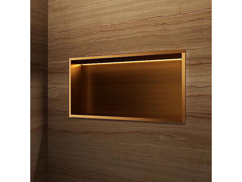 Niche de Douche Mural Éclairage Led 63 x 33 cm - Rangement Salle de Bain en finition Or Brossé - OCEANIC