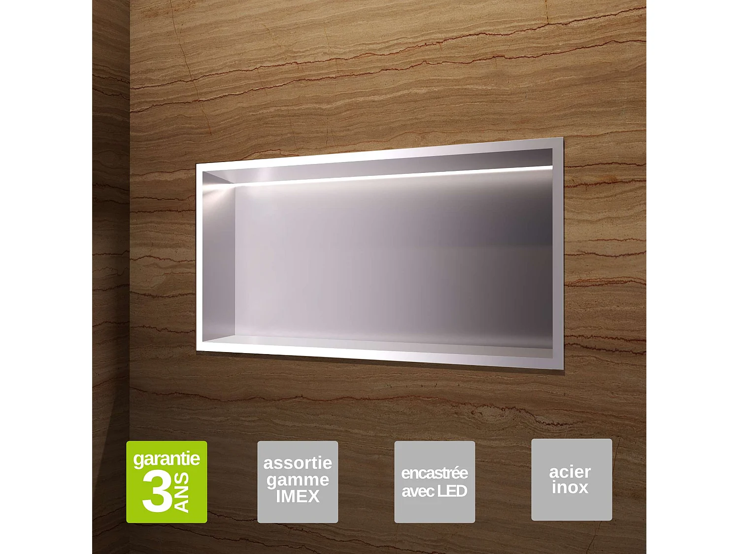 Niche de Douche Mural Éclairage Led 63 x 33 cm - Rangement Salle de Bain en finition Niquel Brossé - OCEANIC