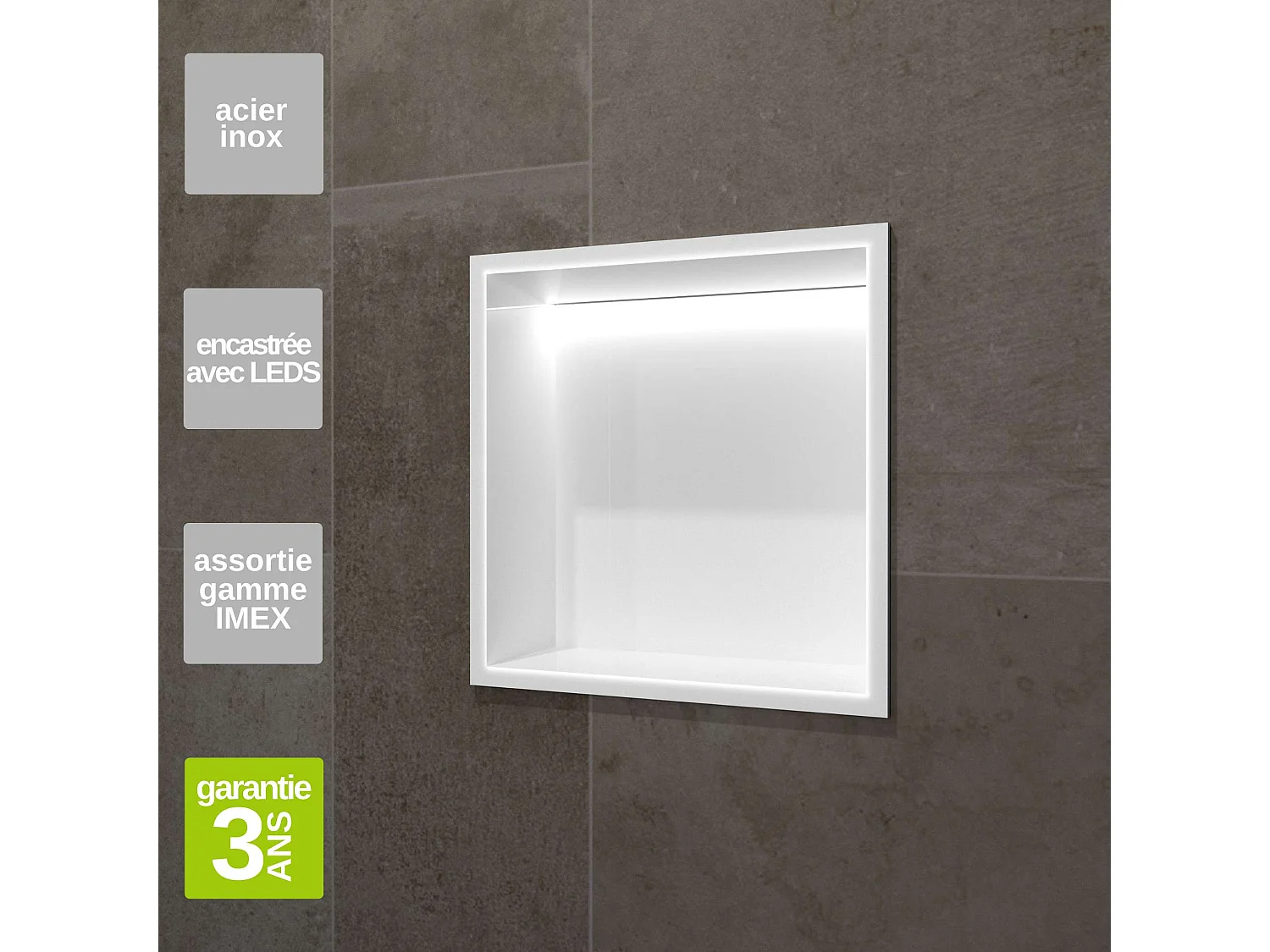 Niche de Douche Mural Éclairage Led 33 x 33 cm - Rangement Salle de Bain en finition Blanc Satiné - INDIC