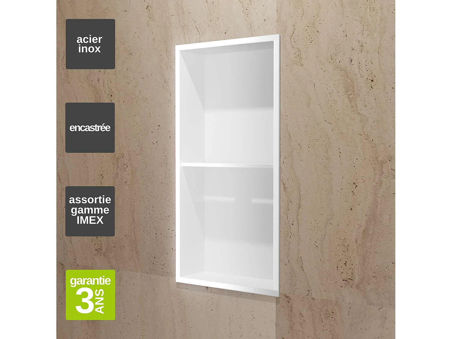 Niche de Douche Mural 33 x 63 cm - Rangement Salle de Bain en finition Blanc Satiné - ARTIC