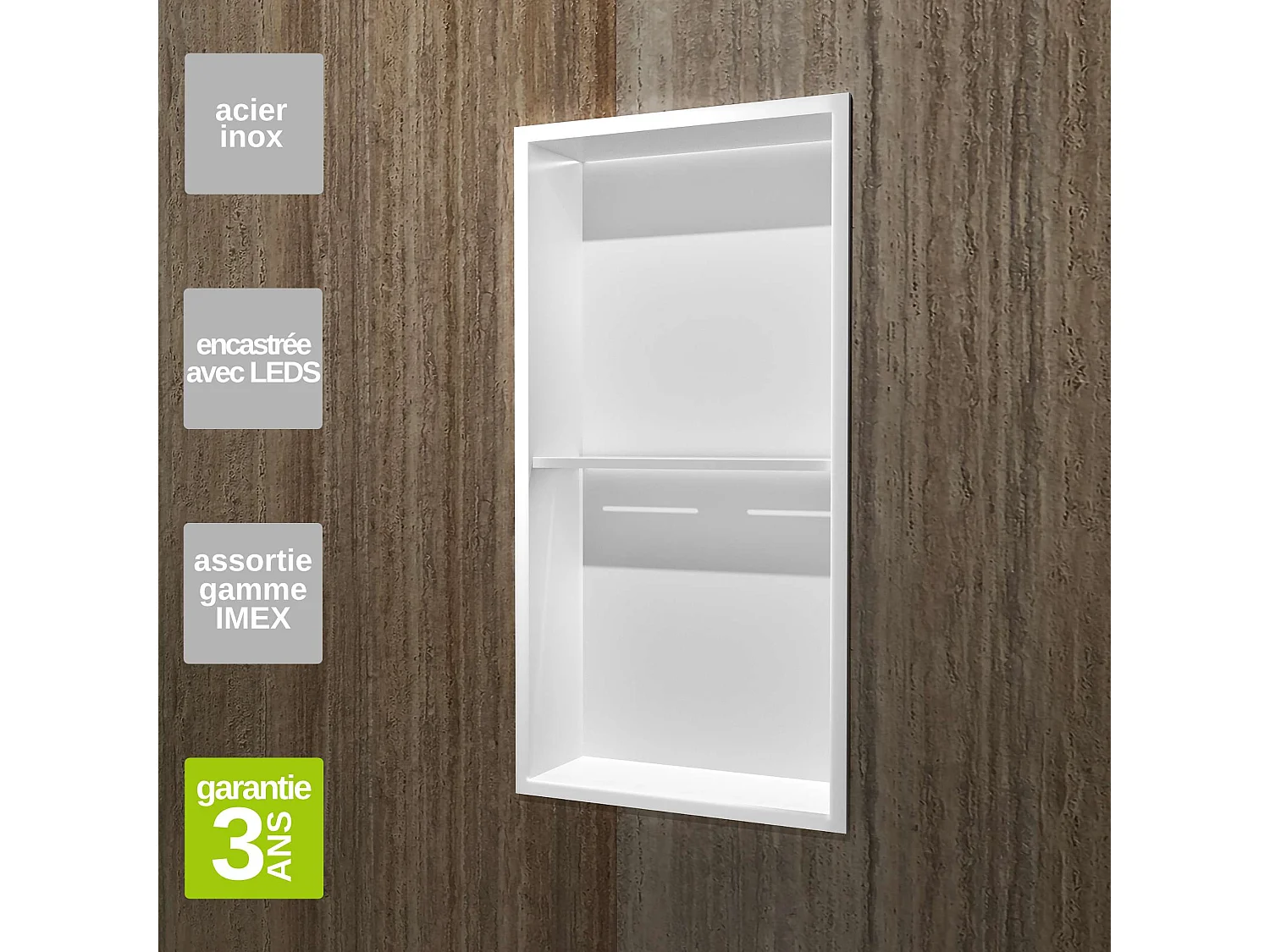 Niche de Douche Mural Éclairage Led 33 x 63 cm - Rangement Salle de Bain en finition Blanc Satiné - MARSHALL