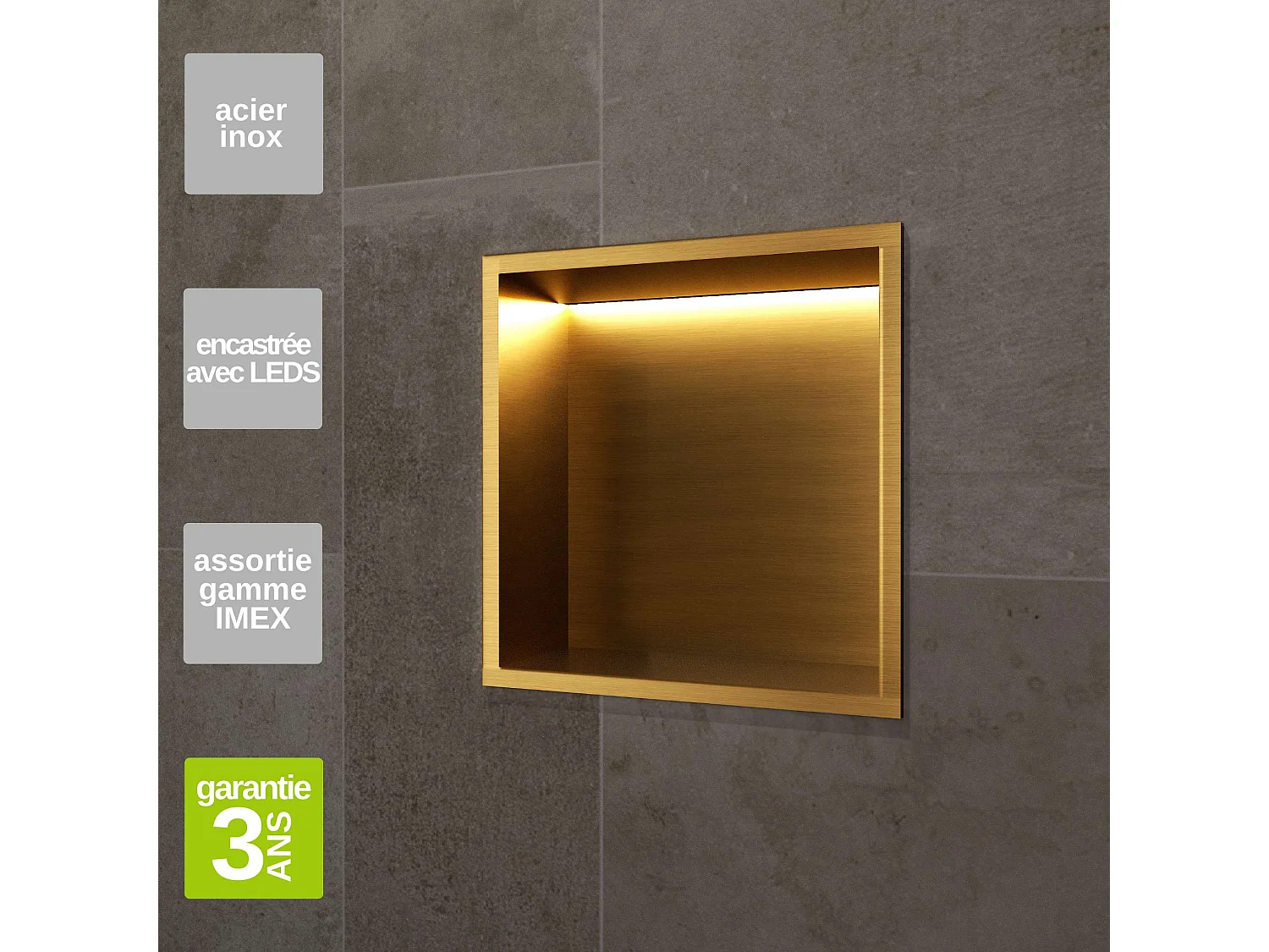 Niche de Douche Mural Éclairage Led 33 x 33 cm - Rangement Salle de Bain en finition Or Brossé - INDIC