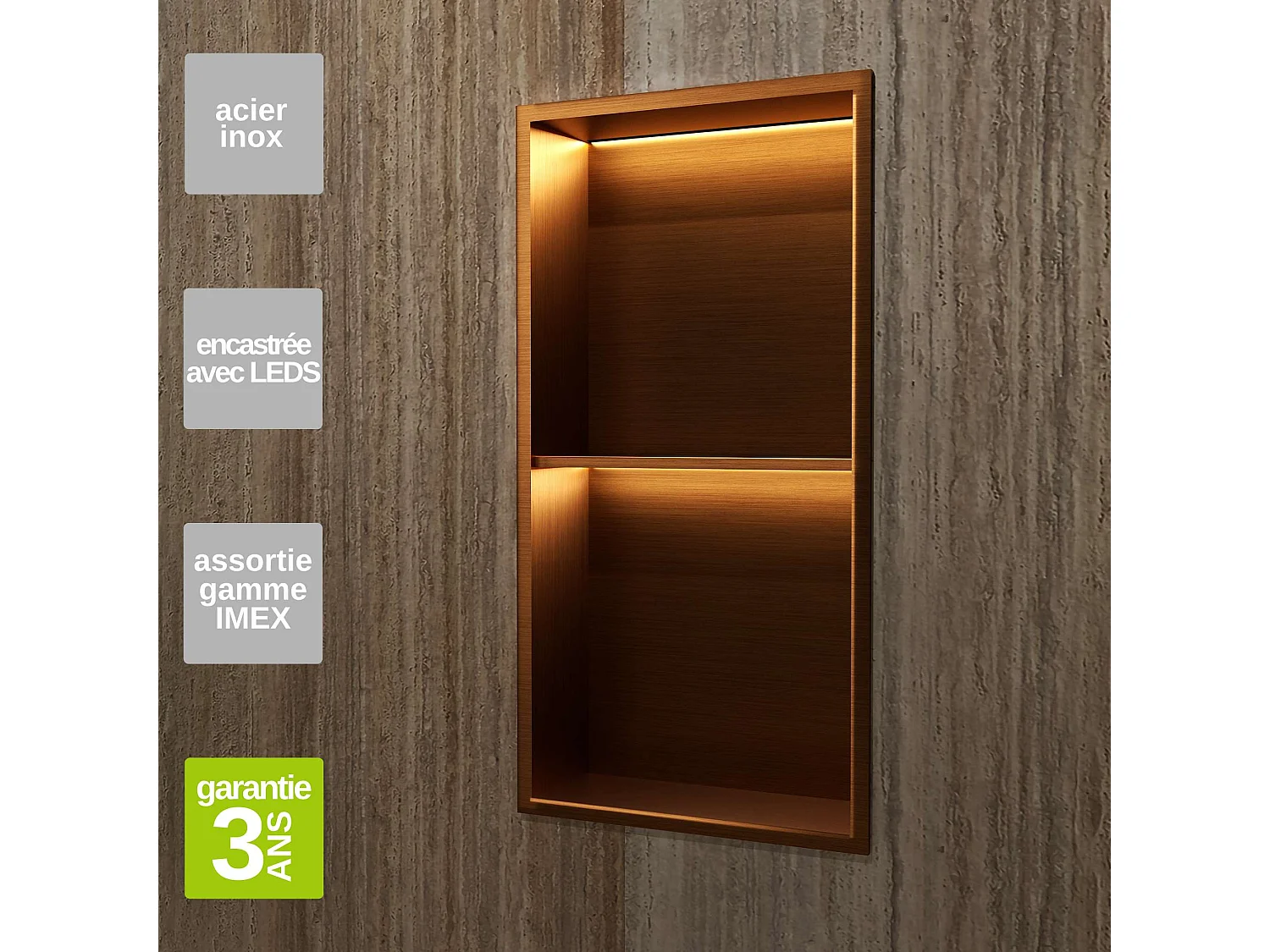 Niche de Douche Mural Éclairage Led 33 x 63 cm - Rangement Salle de Bain en finition Cuivré - MARSHALL