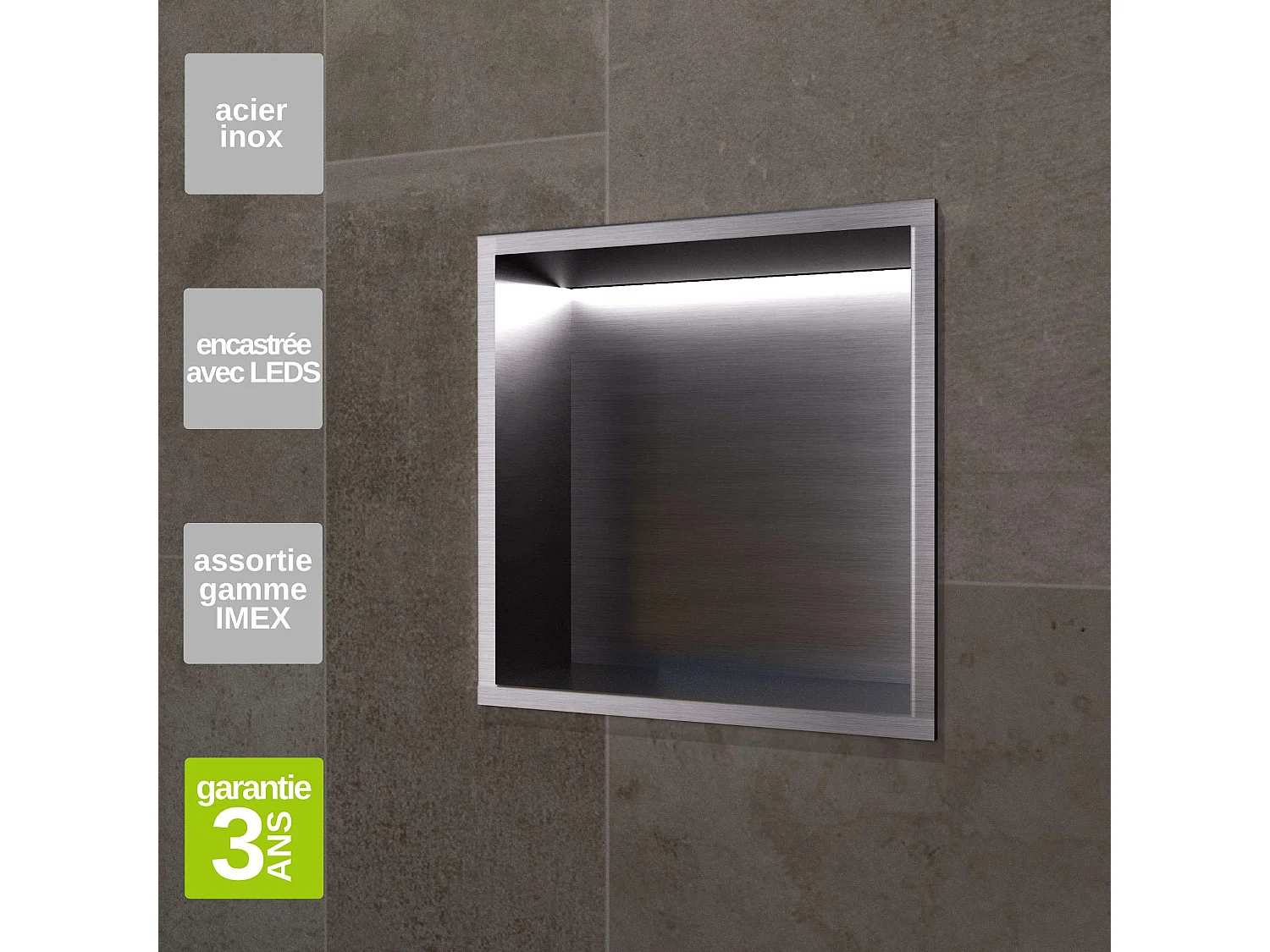 Niche de Douche Mural Éclairage Led 33 x 33 cm - Rangement Salle de Bain en finition Noir Métal - INDIC