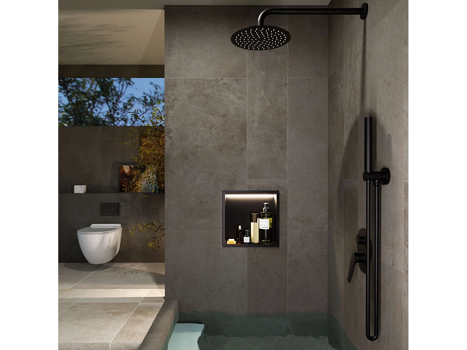 Niche de Douche Mural Éclairage Led 33 x 33 cm - Rangement Salle de Bain en finition Noir Métal - INDIC