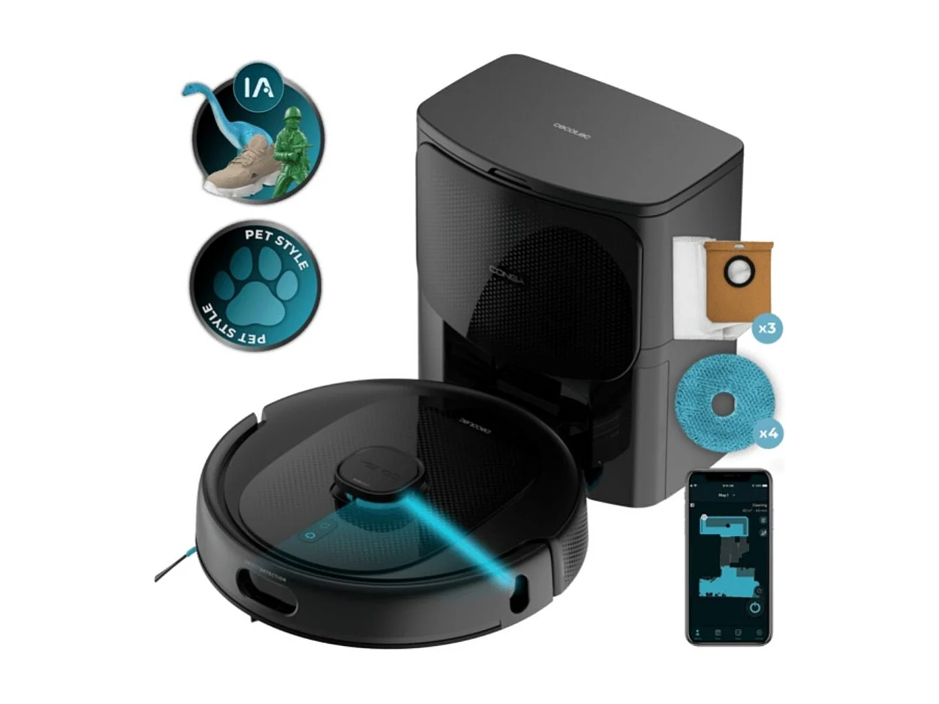 Robot aspirador Cecotec Conga 9990 AI Spin Revolution Ultra Power Home 4 en 1 con base de autovaciado