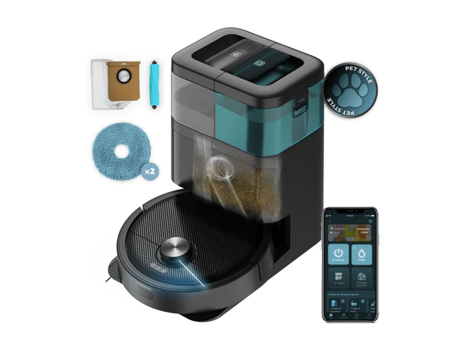 Robot aspirador Cecotec Conga 15090 Spin Arm Home&Wash 8000Pa App 3.0 base autovaciado negro