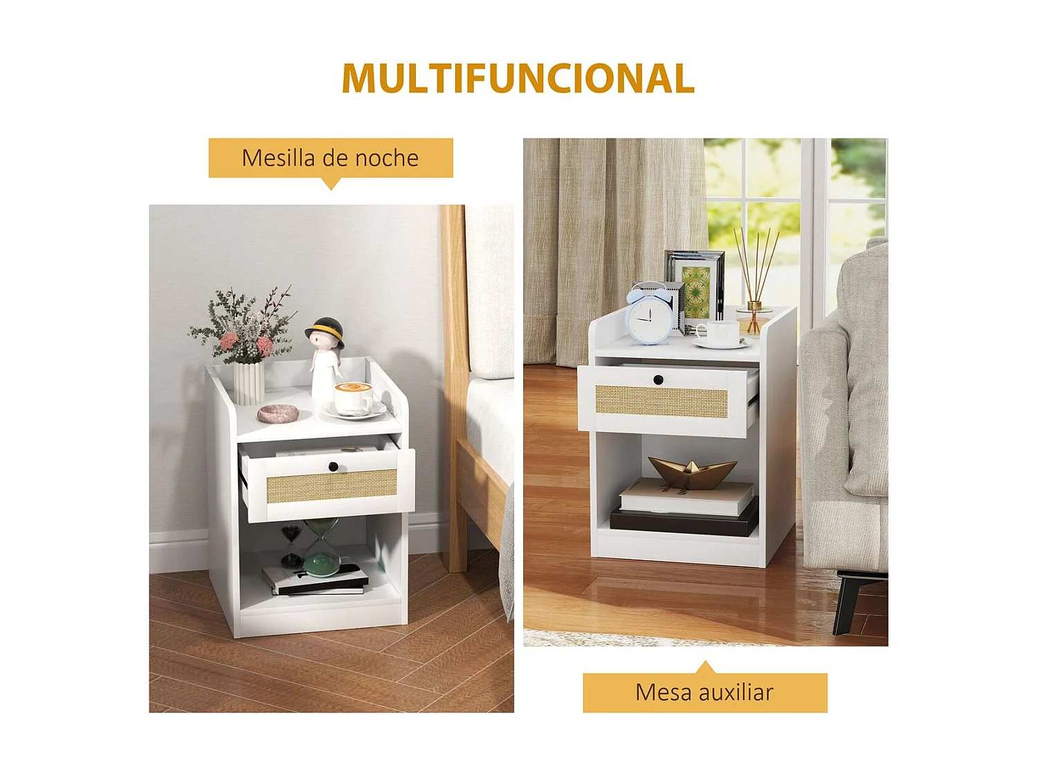 Pack de 2 mesitas de noche Boho Homcom cajón con frontal de ratán blanco 53x40x40 cm